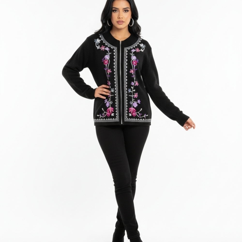 Vintage Dress  Barn Black Cardigan with Floral Embroidery 22/24